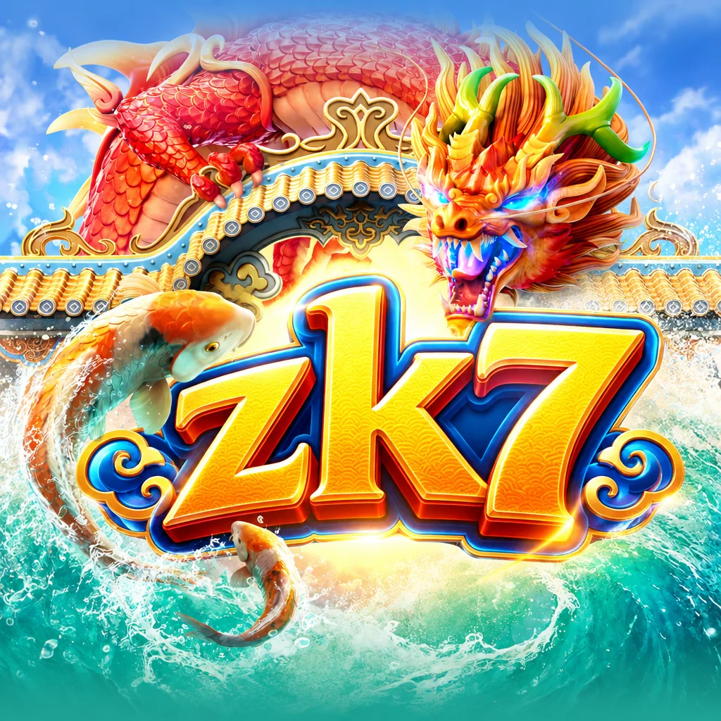 zk7 Dragon Legend menampilkan naga emas oriental gagah dan ikan koi melompat di atas ombak air