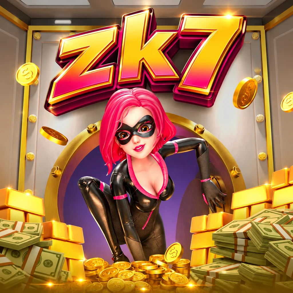 zk7 Heist Stakes menampilkan karakter pencuri berambut merah muda di depan brankas terbuka penuh koin dan tumpukan uang